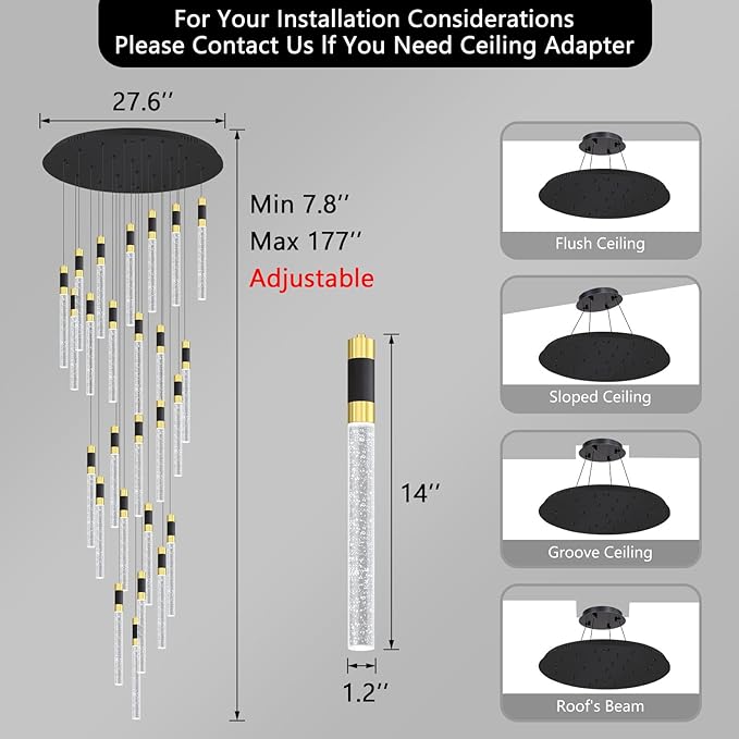 Modern 14.5ft LED Chandeliers for Living Room, Dining Room, Entryway - Dimmable Crystal Cylinder Pendant Lights