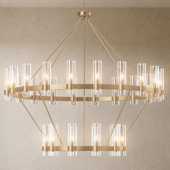 60" Gold Chandelier, 2 Tier Wagon Wheel Chandelier with Glass Shade, 30-Lights Large Round Modern Farmhouse High Ceilings Pendant Lighting Fixture for Dining Room, Living Room, Kitchen, Foyer