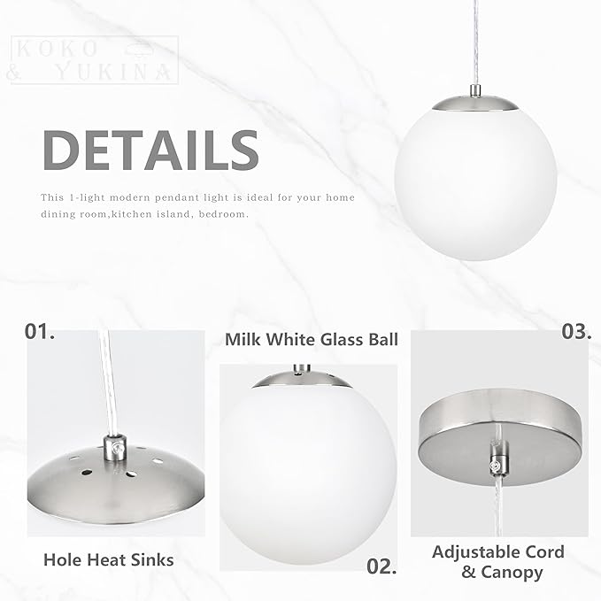 KoKo&Yukina 8 Inch Globe Pendant Light Nickel Globe Pendant Lights Kitchen Island Mid Century Light Fixture with Milky White Glass Shade Adjustable Lights for Dining Room