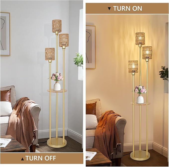 Boho Floor Lamp with Shelves, 3-Lights Farmhouse Tall Floor Lamp with ON/Off Foot Switch, Gold Modern Floor Lamps with Rattan Shades, Rustic Standing Lamp for Living Room, Bedroom, Office