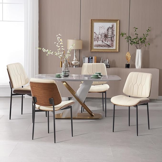 BV Mid Century Modern Dining Chairs Set of 4, Upholstered Pu Leather Armless Accent Chair with Walnut Bentwood Back, Retro Kitchen Chair for Dining Room, Living Room, Kitchen, Beige