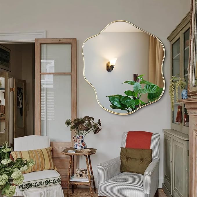 Gold Irregular Mirror, Scalloped Rounded Mirror, 30"x26.8" Asymmetrical Wall Mirrors, Wavy Decorative Mirrors for Living Room Bathroom Bedroom Hallway Entryway Fireplace