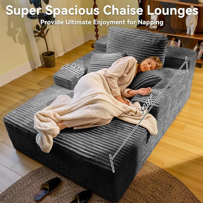 67" Oversized Chaise Lounge Chair Indoor, Cloud Couches for Living Room, Corduroy Sleeper Sofa Bed, No Assembly Required, Deep Seat Lounge Chair with Pillows Gray