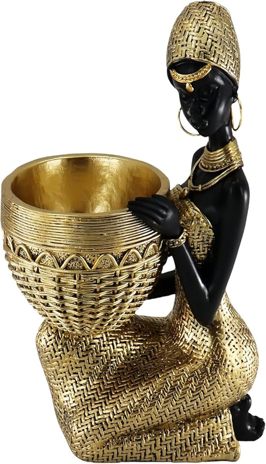 African Resin Woman Statue with Bowl – Golden Kneeling Tribal Figurine for Home Decor, Candy Dish, Jewelry Holder, Boho Shelf Accent