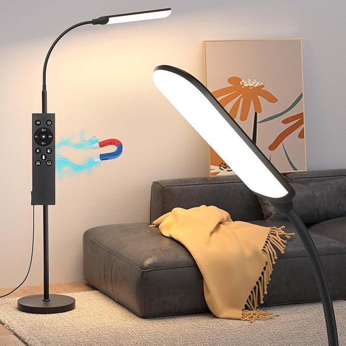 LED Floor Lamp, 18W Super Bright Floor Lamp for Living Room, Adjustable Stepless Colors & Brightness Gooseneck Standing Lamp, Eye Caring Reading Light with Remote