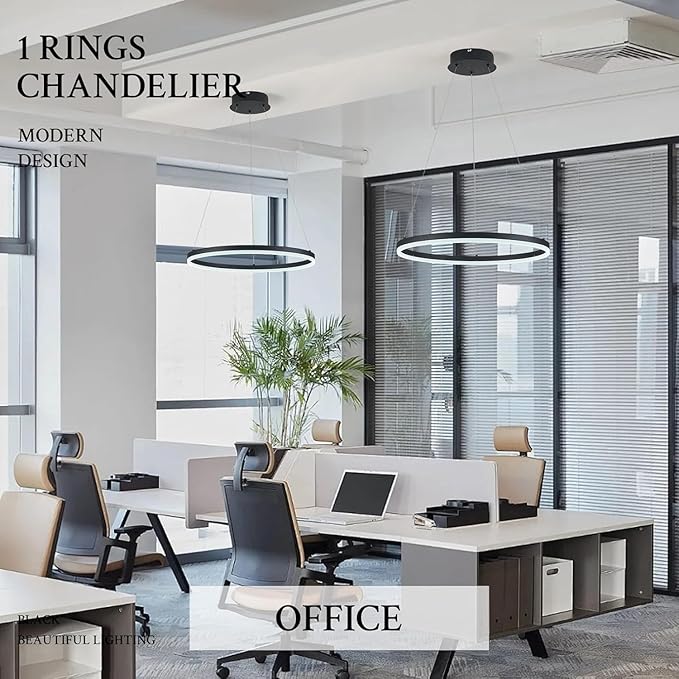 Modern LED Pendant Lighting 24'' Ring Chandelier Black Dimmable LED Chandelier for Dining Room 36W Adjustable Pendant Light Fixture for Living Room Bedroom Home Office Foyer, 3000-6500K