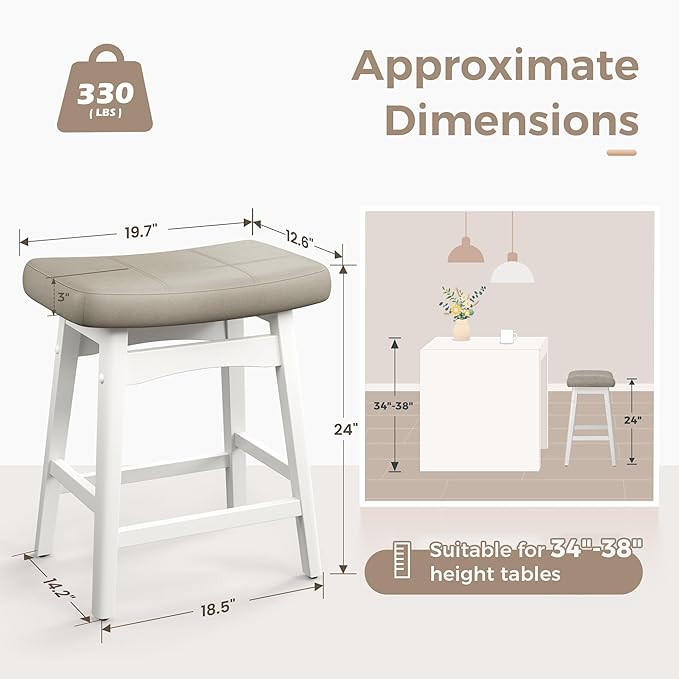 MAISON ARTS Beige Counter Height Bar Stools for Kitchen Counter Solid Wood Legs with Faux Leather Saddle Seat Farmhouse Barstools for 34"-38" Counter Island Upholstered Stools, 24in Height