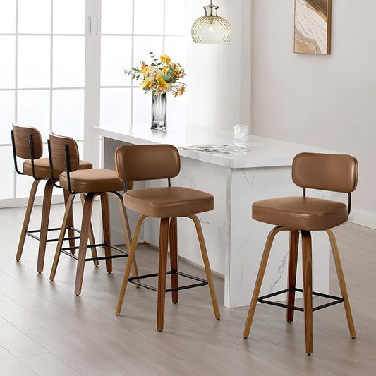 Swivel Bar Stools Set of 4, 29" Upholstered Faux Leather Barstools with Back and Bent Wood Legs, Mid Century Modern Bar Chair Island Stool for Kitchen Counter, Brown