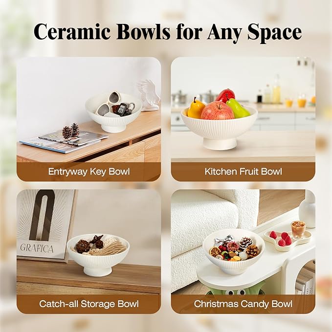 Decorative Bowl Modern Ceramic White Decor Bowls for Home Decor, Fruit Bowl for Kitchen Counter Key Bowl for Entryway Table, 8" Pedestal Footed Bowls Decorative Trays for Coffee Table