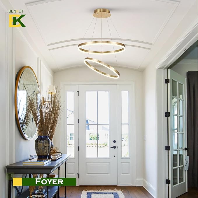 2-Rings Modern LED Chandelier Gold for Dining Room, Circular Flush Mount Ceiling Chandelier Light Dimmable Pendant Light with Remote Control for Living Room Entrance Foyer, 3000K-6500K
