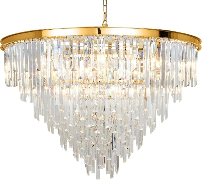Gold Top K9 Crystal Chandelier Modern Lighting Fixture, 24 Lights Round K9 Crystal Adjustable Hanging Lamp for Dining Room Bedroom Living Room,Hallway,Bar,Kitchen W39''