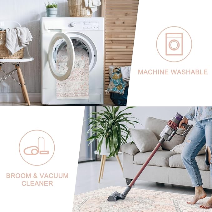 LIVEBOX Pink Round Rug 4ft - Machine Washable Circle Rug for Living Room, Non-Shedding Vintage Circular Carpet Bedroom, Low-Pile Floral Rugs Round for Girl's Room Entryway, Boho Rugs for Office