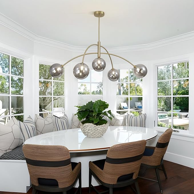 Modern Gold Chandelier 5 Light Smoke Gray Semi Flush Mount Chandelier Vintage Industrial Ceiling Light Dining Room Chandelier for Kitchen Bedroom Hallway