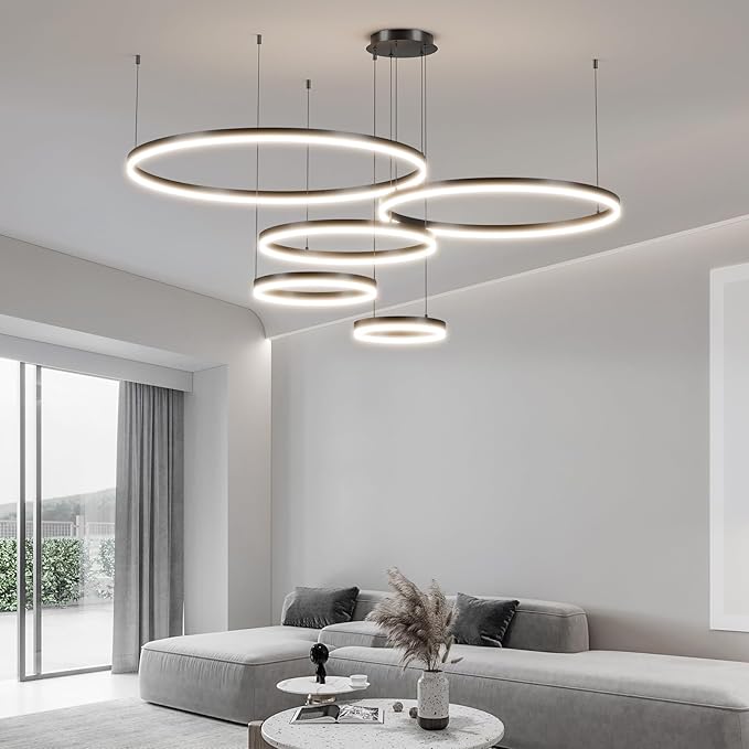 LED Pendant Light for Kitchen Island, 5-Ring Black Modern Chandelier, Dimmable 3000K-6500K, Adjustable Height, Remote Control, Hanging Ceiling Lighting Fixture for Dining Room, Living Room Lamp