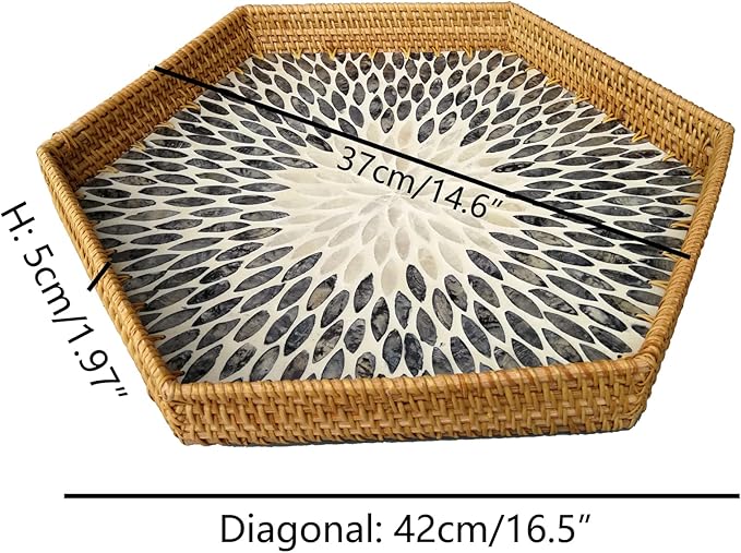 i-LAN 17”Extra Large Hexagonal Rattan and MOP Woven Basket Tray, Boho Wicker Coffee Table Serving Basket Décor with 2 Inch Wall, Handmade Hexangular Display Basket for Countertop