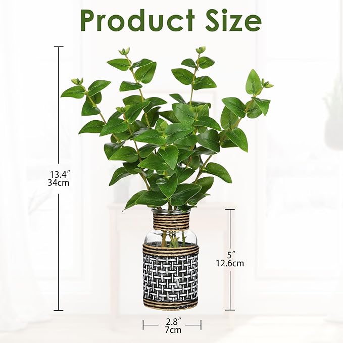 Artificial Eucalyptus Stems in Glass Vase with Faux Water, 14” Realistic Eucalyptus Leaves Fake Plant Branch Greenery Decoration for Home Farmhouse Bathroom Kitchen Wedding Centerpiece Table Décor