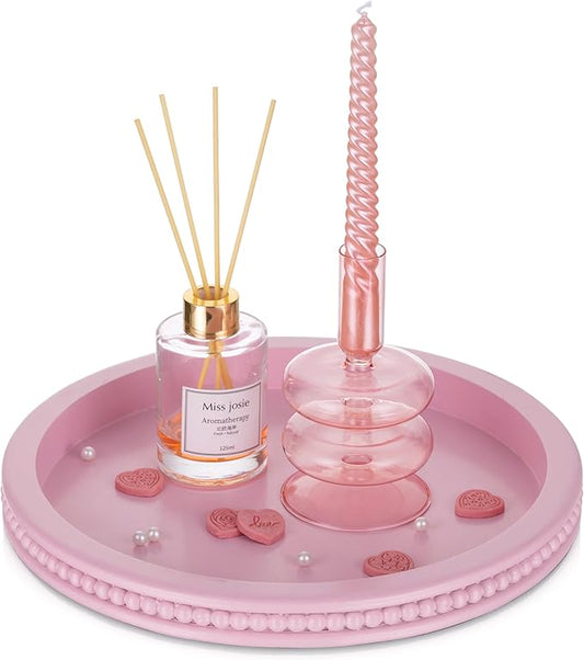 Hanobe Pink Tray Decorative Round: Beaded Perfume Trays Decor for Dresser Circle Vanity Makeup Serving Tray for Ottoman Coffee Table Bathroom Counter