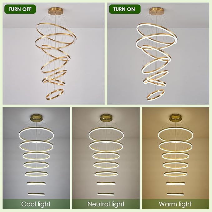 7 Rings Modern LED Chandelier Gold Dimmable Large Foyer Chandeliers Entryway High Ceiling for Staircase, High Ceiling Pendant Lights for Entryway Living Room, 3000K-6500K CCT