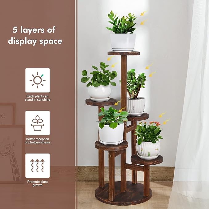 Plant Stand Indoor,5 Tier Plant Stand for Multiple Plant,Wood Plant Shelf Corner Tall Plant Holder Flower Stand for Balcony Office Living Room Garden Patio(Brown)