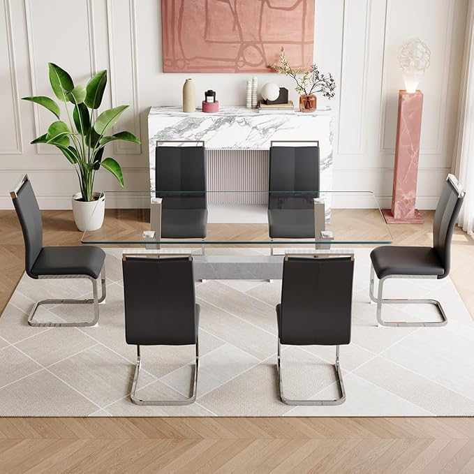 7 Piece Glass Dining Table Set, Kitchen Table Chairs Set for 6, 71'' Dining Table with 0.4" Tempered Glass Tabletop with Plated Metal Legs and MDF Crossbar, 6 PU Chairs for Dining Room, Kitchen.