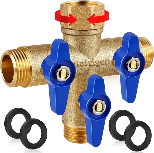 Boltigen 3 Way Garden Hose Splitter with Full Flow Port Heavy Duty Brass Water Hose Splitter 3/4'' GHT "+" Type Hose Connector Fitting Shut off Diverter Control Valve, for Outdoor Faucet Irrigation