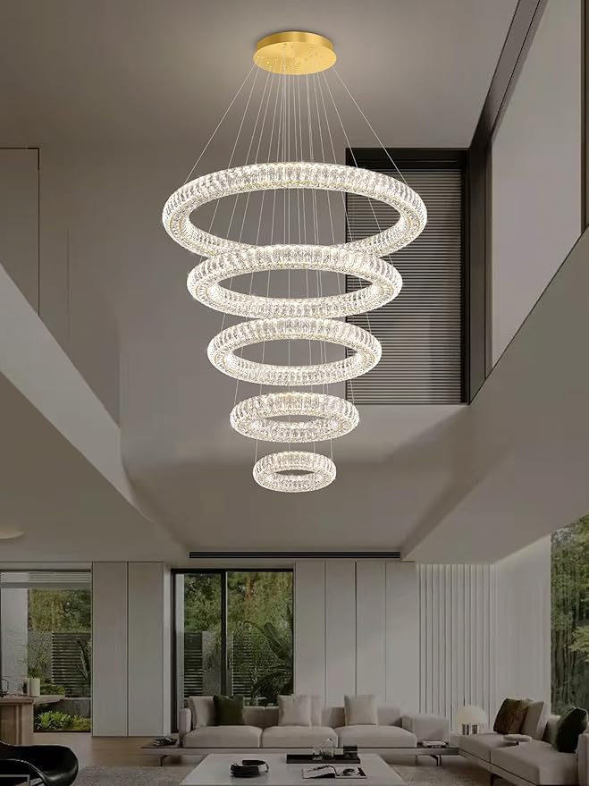 Gold 5 Ring Chandelier Modern Crystal Chandelier Lighting for Staircase, LED Foyer Ceiling Lights Fixtures High Ceiling Chandeliers, D8''+15.7"+23.6"+31.5"+39.4"