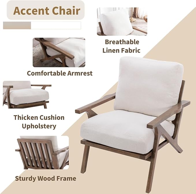 HNY Mid Century Modern Accent Chair, Farmhouse Retro Linen Upholstered Armchair for Living Room Bedroom, 23'' Seat Wide Leisure Slipper Chair with Wood Frame, White