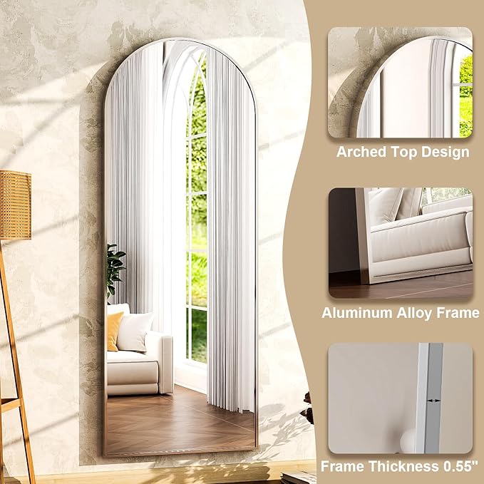 HARRITPURE 64"x21"Full Length Mirror Arch Floor Mirrors with Aluminum Alloy Frame Free-Standing Wall Mounted or Leaning Large Bedroom Dressing Mirror Modern & Contemporary Decor for Home,Silver