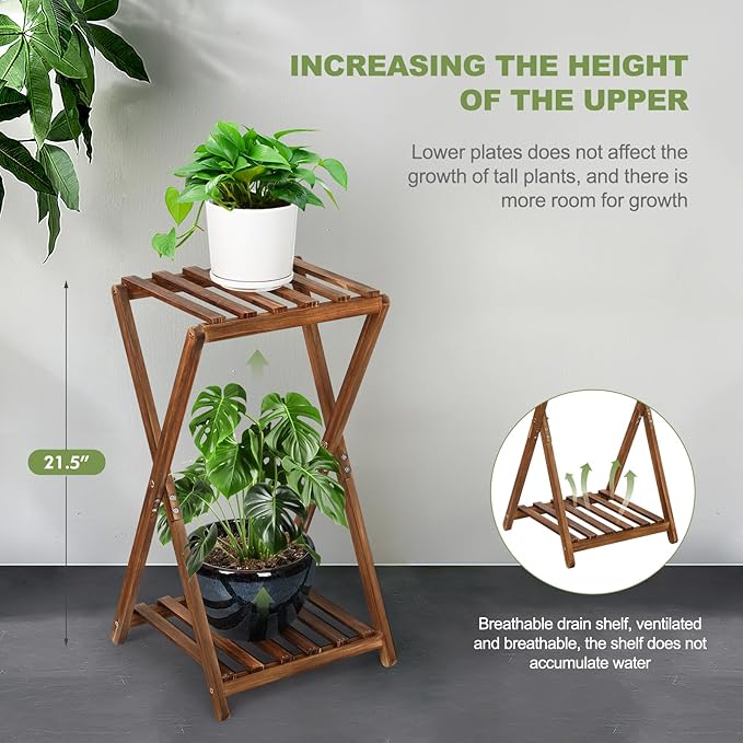 Plant Stand Indoor,Wooden 2 Tier Plant Stands,Corner Square Plant Shelf,Rustic Flower Stand Tall Plant Holder for Living Room Bedroom Balcony Office