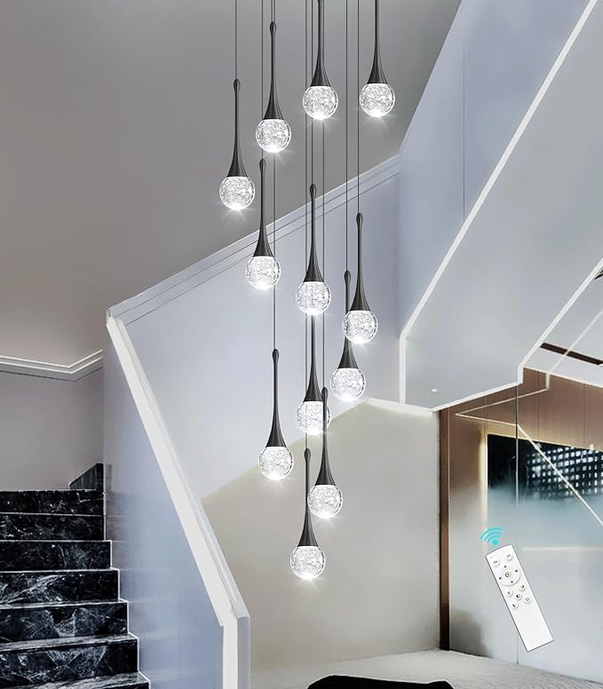 118 inches Modern Glam Crystal Chandelier for High Ceiling LED Dimmable Ceiling Pendant Light Staircase Foyer Enterway Living Room Chandelier Lighting Black 12 Lights