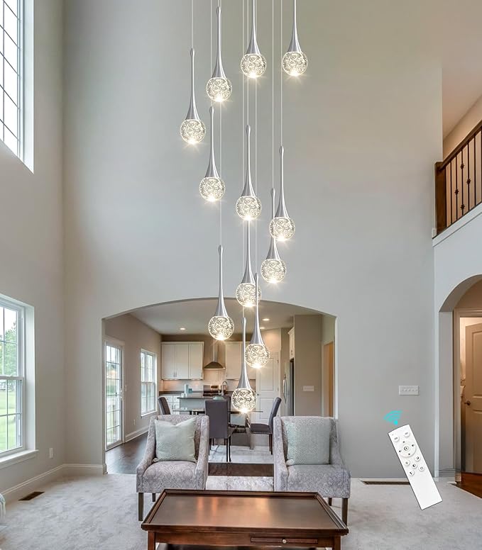 118 inches Modern Glam Crystal Chandelier for High Ceiling LED Dimmable Ceiling Pendant Light Staircase Foyer Enterway Living Room Chandelier Lighting Brushed Nickel 12 Lights