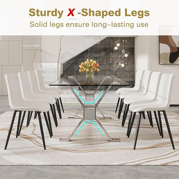 71'' Glass Dining Table Set for 8,9 Piece Dining Table Set with Tempered Glass Tabletop and Open‑Frame X‑Shaped Metal Base,Kitchen Table and Chairs Ideal for Dining Room&Home Office