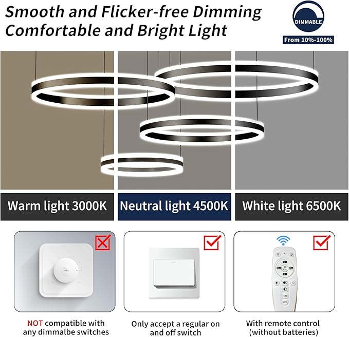 Modern LED Chandelier Light, 4 Ring Black Pendant Lighting Fixture, Adjustable Hanging Ceiling Lamp for Dining Room, Kitchen Island, Entryway, Living Room, Dimmable Dining Lights Over Table