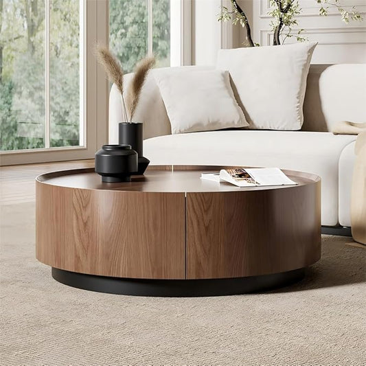 Luxury Solid Wood Coffee Table for Living Room,Fully Assembled 39.4'' Round Coffee Table with Storage, Minimalist Center Table with Metal Base,Walnut Finish,No Installation Needed