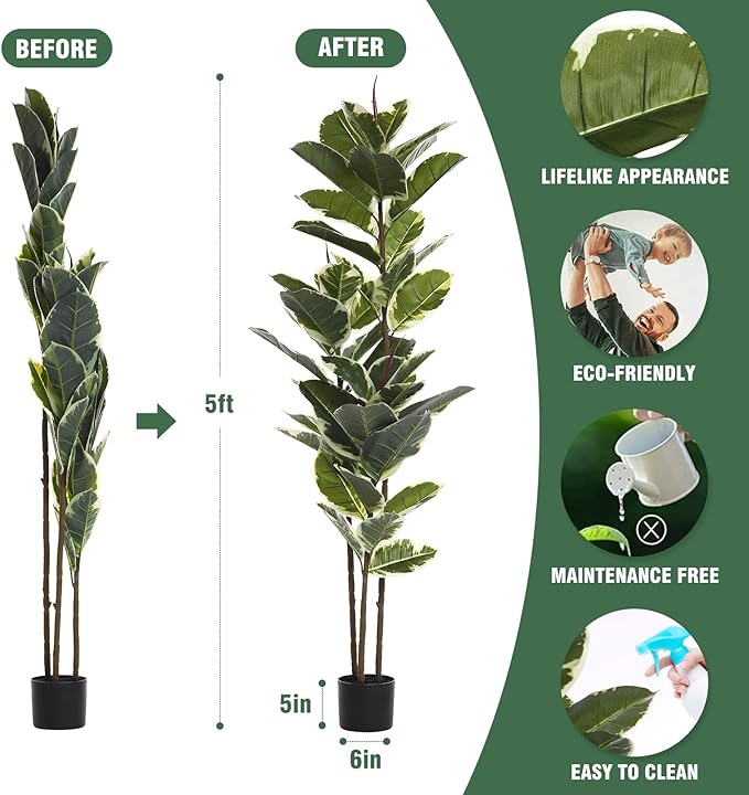 Artificial Rubber Tree Plant 5ft Tall Faux Ficus Tree Potted Fake Tropical Plants Decorative House Plants Large Floor Artificial Trees for Home Office Store Room Decor