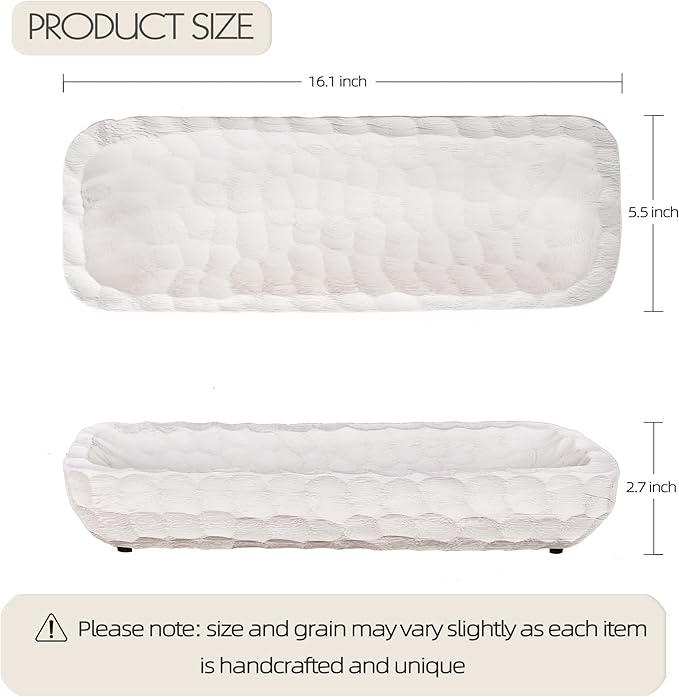 Decorative Bowl for Home Decor, Long Dough Bowl with Hand Carved Irregular Texture, Unique Table Centerpieces, Wooden Home Decor Accents for Farmhouse Boho Rustic Style(16.1"x 5.5" Washed White)