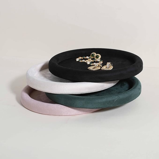 GemeShou Round Jewelry Organizer plate, Top Microfiber velvet Jewerly display tray, Empty Jewelry showcase tray for Necklace Bracelet Ring Earring display stand holder (Black-Medium, 7.9 x 7.9 in)