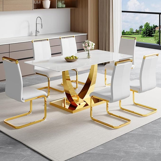 63” Dining Room Table Set for 6,Modern Gold Dining Table Set for 6, Rectangle Kitchen Table Set with Leather Chairs,White Faux Marble Dinner Table Set with Tempered Glass Top and Golden Base