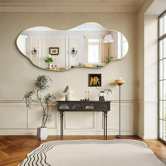 Large Irregular Mirror, 63"x27.2" Asymmetrical Wall Mirrors, Wavy Shaped Mirror Full Length, Modern Unique Mirrors for Living Room Bathroom Bedroom Hallway Entryway Fireplace