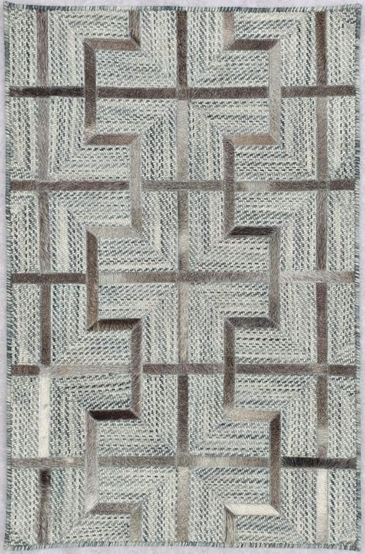 Geometric Pattern Area Rug, Leather and Wool Blend Carpet, Beige and White (Multi Grey-120, 3x10)