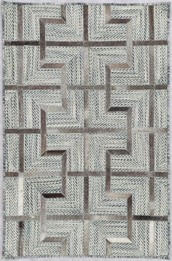 Geometric Pattern Area Rug, Leather and Wool Blend Carpet, Beige and White (Multi Grey-120, 6x9)