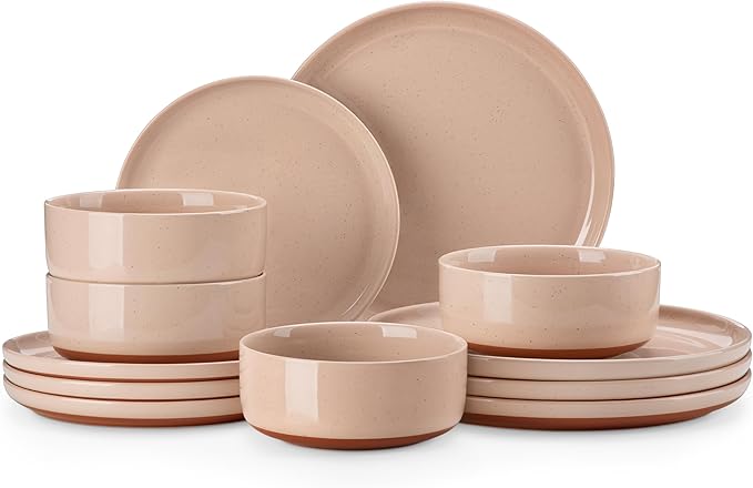 MALACASA Plates and Bowls Sets, 12 Pieces Modern Stoneware Dinnerware Set for 4 Kitchen Dinner Set Ceramic Dishware Dishes Set Microwave and Dishwasher Safe, Pink, Series TARA