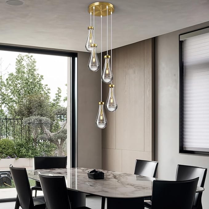 Raindrop Pendant Lights Kitchen Island Teardrop Gold Hanging Light Fixtures Clear Solid Glass Pendant Light Modern Chandeliers for Dining Room Porch Corridor Living Room(5-Light)