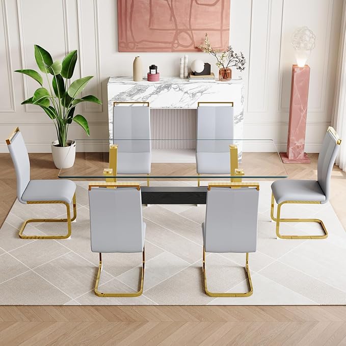7 Piece Glass Dining Table Set, Kitchen Table Chairs Set for 6, 71'' Dining Table with 0.4" Tempered Glass Tabletop with Plated Metal Legs and MDF Crossbar, 6 PU Chairs for Dining Room, Kitchen.
