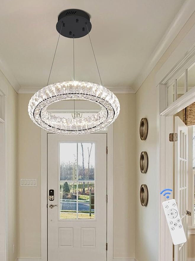 Dimmable LED 15.7" Ring Pendant Light Modern Adjustable Black Round Crystal Chandelier Light Fixtures for Dining Room Living Room