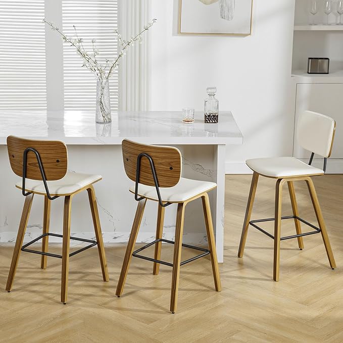 Counter Height Bar Stools Set of 3, PU Leather Upholstered Barstools with Backs, Bent Wood Legs, 26 Inch Seat Height, Mid Century Modern Counter Stools for Kitchen Island, Cream White