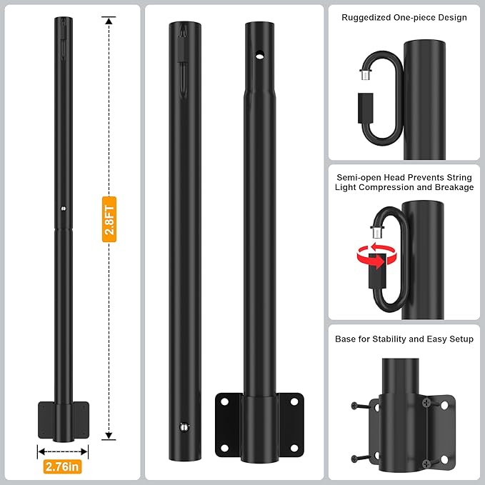 Suchtale 4 Pack 2.8 FT String Light Poles, Suspension Outdoor Fence Post Lights with Clip and Bracket, Outside String Lights Hanging, Wall Mounting Stand for Patio Garden Backyard Wedding Party, Black