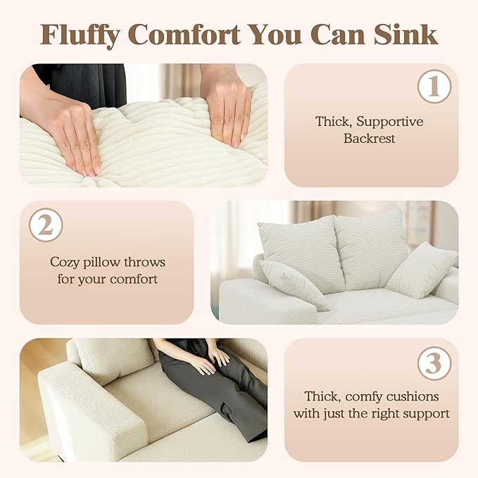 Indoor Chaise Lounge Chair with Storage Ottoman, Modern 60-Inch Lounge Sofa Chair with Wide Armrests & 4 Pillows, Oversized Comfy Reading Lounger for Living Room, Bedroom（Medium-Rib Corduroy Beige）