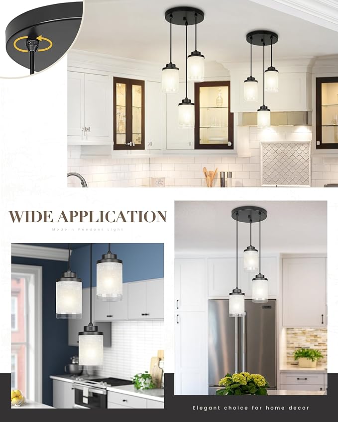 TENGXIN 3-Lights Modern Pendant Light with Glass Shade Matte Black Pendant Lighting Adjustable Industrial Retro Style Hanging Light Fixture for Kitchen, Farmhouse