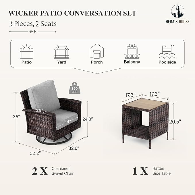 HERA'S HOUSE Outdoor Deck Furniture, High Back Wicker Patio Swivel Chairs with Rattan Table for Porch Balcony Lawn Garden, Grey